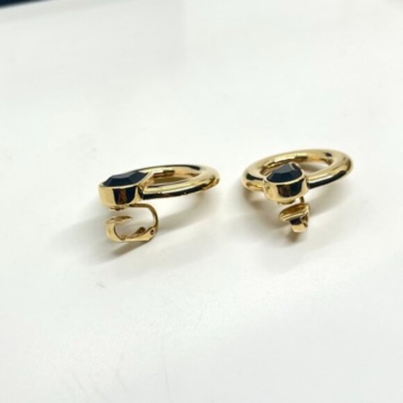 SAL VINTAGE SWAROVSKI GOLD TONE BLACK CRYSTAL EARRINGS MODERNIST CLIP ON CIRCLE - Picture 10 of 16